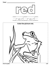 Free frog color red coloring page and color worksheet, red worksheet for preschoolers to learn colors, printable PDF