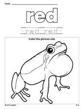 Free frog color red coloring page and color worksheet, red worksheet for preschoolers to learn colors, printable PDF