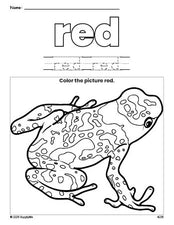 Free frog color red coloring page and color worksheet, red worksheet for preschoolers to learn colors, printable PDF