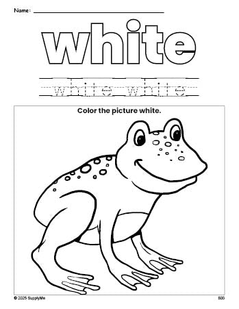 Free frog color white coloring page and color worksheet, white worksheet for preschoolers to learn colors, printable PDF