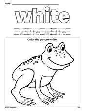 Free frog color white coloring page and color worksheet, white worksheet for preschoolers to learn colors, printable PDF