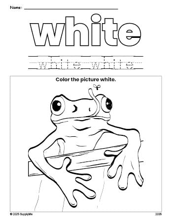 Free frog color white coloring page and color worksheet, white worksheet for preschoolers to learn colors, printable PDF