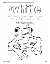 Free frog color white coloring page and color worksheet, white worksheet for preschoolers to learn colors, printable PDF