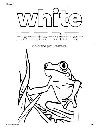 Free frog color white coloring page and color worksheet, white worksheet for preschoolers to learn colors, printable PDF