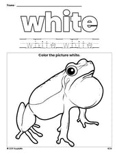 Free frog color white coloring page and color worksheet, white worksheet for preschoolers to learn colors, printable PDF