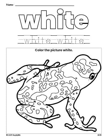 Free frog color white coloring page and color worksheet, white worksheet for preschoolers to learn colors, printable PDF