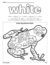 Free frog color white coloring page and color worksheet, white worksheet for preschoolers to learn colors, printable PDF