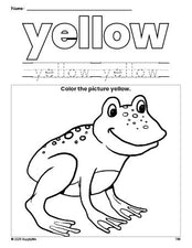 Free frog color yellow coloring page and color worksheet, yellow worksheet for preschoolers to learn colors, printable PDF