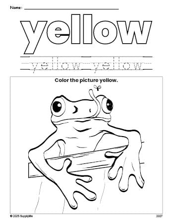 Free frog color yellow coloring page and color worksheet, yellow worksheet for preschoolers to learn colors, printable PDF