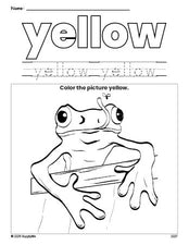 Free frog color yellow coloring page and color worksheet, yellow worksheet for preschoolers to learn colors, printable PDF