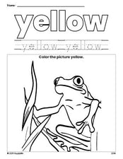 Free frog color yellow coloring page and color worksheet, yellow worksheet for preschoolers to learn colors, printable PDF