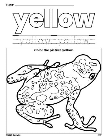 Free frog color yellow coloring page and color worksheet, yellow worksheet for preschoolers to learn colors, printable PDF