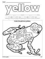 Free frog color yellow coloring page and color worksheet, yellow worksheet for preschoolers to learn colors, printable PDF