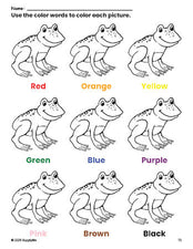 Free frog coloring page and color worksheet for preschoolers to learn colors, printable PDF