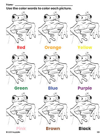 Free frog coloring page and color worksheet for preschoolers to learn colors, printable PDF