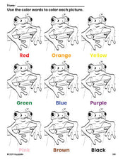 Free frog coloring page and color worksheet for preschoolers to learn colors, printable PDF