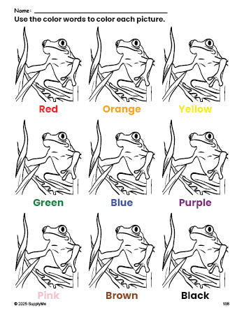 Free frog coloring page and color worksheet for preschoolers to learn colors, printable PDF