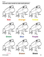 Free frog coloring page and color worksheet for preschoolers to learn colors, printable PDF