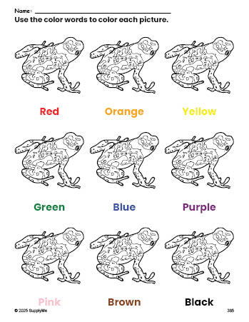 Free frog coloring page and color worksheet for preschoolers to learn colors, printable PDF