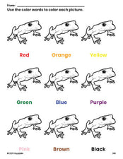 Free frog coloring page and color worksheet for preschoolers to learn colors, printable PDF