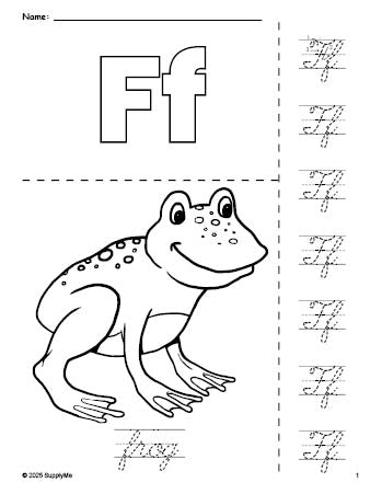 Free printable frog coloring page and cursive letter tracing worksheet, letter f worksheet for preschool, pre-k, and kindergarten, PDF