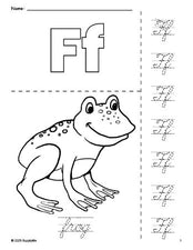 Free printable frog coloring page and cursive letter tracing worksheet, letter f worksheet for preschool, pre-k, and kindergarten, PDF