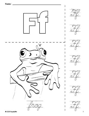 Free printable frog coloring page and cursive letter tracing worksheet, letter f worksheet for preschool, pre-k, and kindergarten, PDF