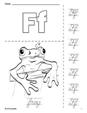 Free printable frog coloring page and cursive letter tracing worksheet, letter f worksheet for preschool, pre-k, and kindergarten, PDF