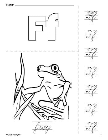 Free printable frog coloring page and cursive letter tracing worksheet, letter f worksheet for preschool, pre-k, and kindergarten, PDF