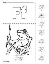 Free printable frog coloring page and cursive letter tracing worksheet, letter f worksheet for preschool, pre-k, and kindergarten, PDF