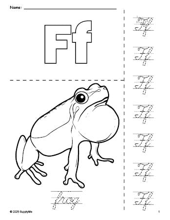 Free printable frog coloring page and cursive letter tracing worksheet, letter f worksheet for preschool, pre-k, and kindergarten, PDF