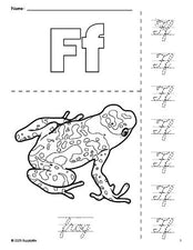 Free printable frog coloring page and cursive letter tracing worksheet, letter f worksheet for preschool, pre-k, and kindergarten, PDF