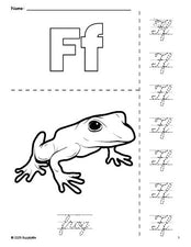 Free printable frog coloring page and cursive letter tracing worksheet, letter f worksheet for preschool, pre-k, and kindergarten, PDF