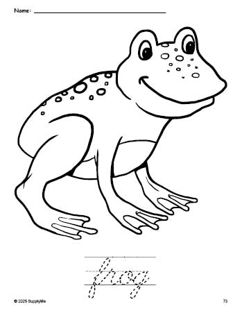 Free printable frog coloring page and cursive word tracing worksheet, perfect for preschool, pre-k, and kindergarten, PDF