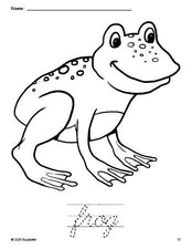 Free printable frog coloring page and cursive word tracing worksheet, perfect for preschool, pre-k, and kindergarten, PDF