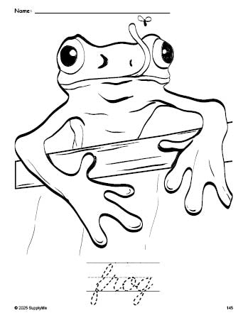 Free printable frog coloring page and cursive word tracing worksheet, perfect for preschool, pre-k, and kindergarten, PDF