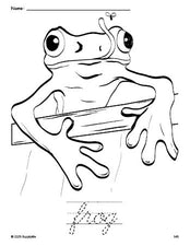 Free printable frog coloring page and cursive word tracing worksheet, perfect for preschool, pre-k, and kindergarten, PDF