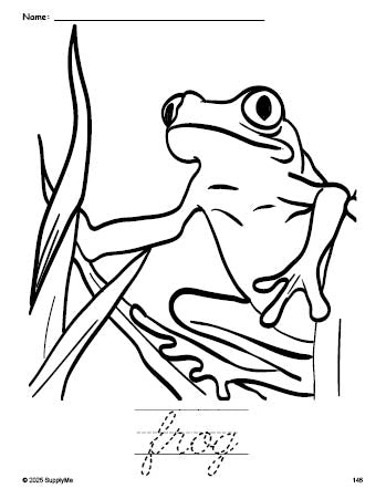 Free printable frog coloring page and cursive word tracing worksheet, perfect for preschool, pre-k, and kindergarten, PDF