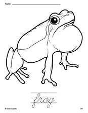 Free printable frog coloring page and cursive word tracing worksheet, perfect for preschool, pre-k, and kindergarten, PDF