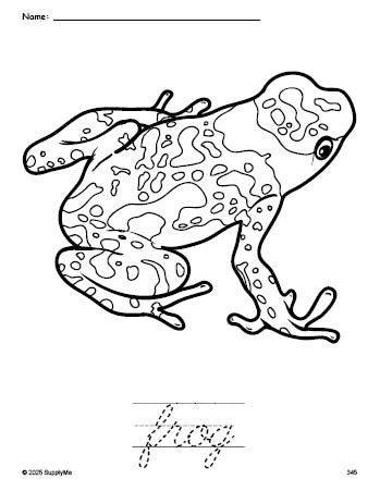 Free printable frog coloring page and cursive word tracing worksheet, perfect for preschool, pre-k, and kindergarten, PDF