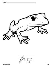 Free printable frog coloring page and cursive word tracing worksheet, perfect for preschool, pre-k, and kindergarten, PDF