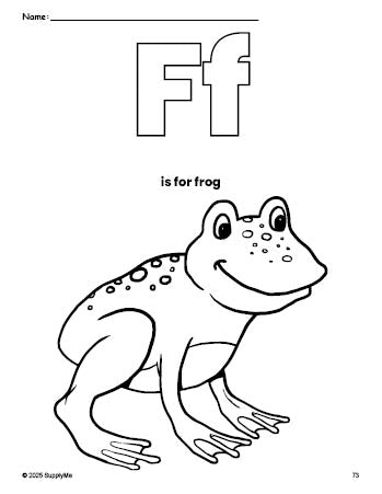 Free printable frog coloring page, letter f coloring page for preschool, pre-k, and kindergarten, PDF