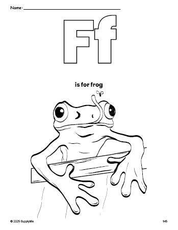 Free printable frog coloring page, letter f coloring page for preschool, pre-k, and kindergarten, PDF