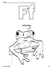 Free printable frog coloring page, letter f coloring page for preschool, pre-k, and kindergarten, PDF