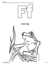 Free printable frog coloring page, letter f coloring page for preschool, pre-k, and kindergarten, PDF