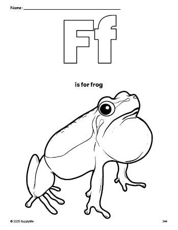 Free printable frog coloring page, letter f coloring page for preschool, pre-k, and kindergarten, PDF