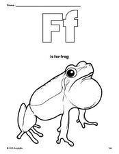 Free printable frog coloring page, letter f coloring page for preschool, pre-k, and kindergarten, PDF