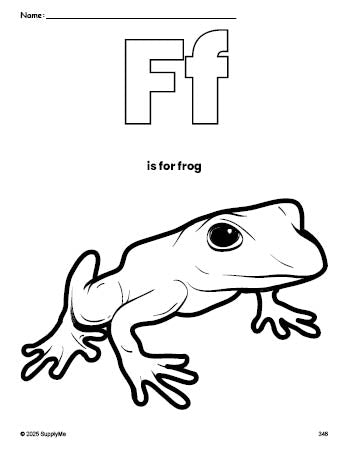 Free printable frog coloring page, letter f coloring page for preschool, pre-k, and kindergarten, PDF