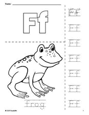 Free printable frog coloring page and letter tracing worksheet, letter f worksheet for preschool, pre-k, and kindergarten, PDF