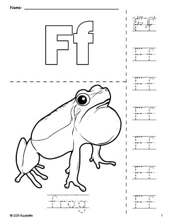 Free printable frog coloring page and letter tracing worksheet, letter f worksheet for preschool, pre-k, and kindergarten, PDF